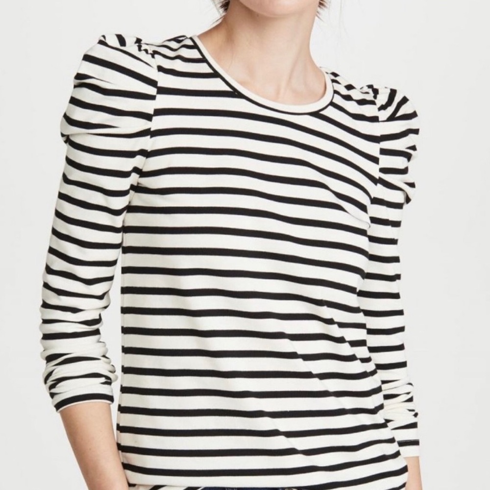 Rebecca Minkoff Talia Striped Puff Sleeve Long Sleeve Top Black White XS
